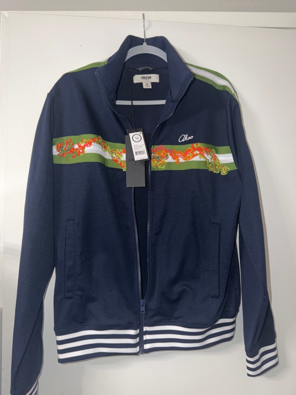 Revolution Navy Track Jacket with Green Stripe and Floral Embroidery